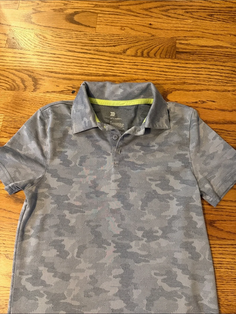 all in motion Boys Gray Camouflage Polo with Lime Trim